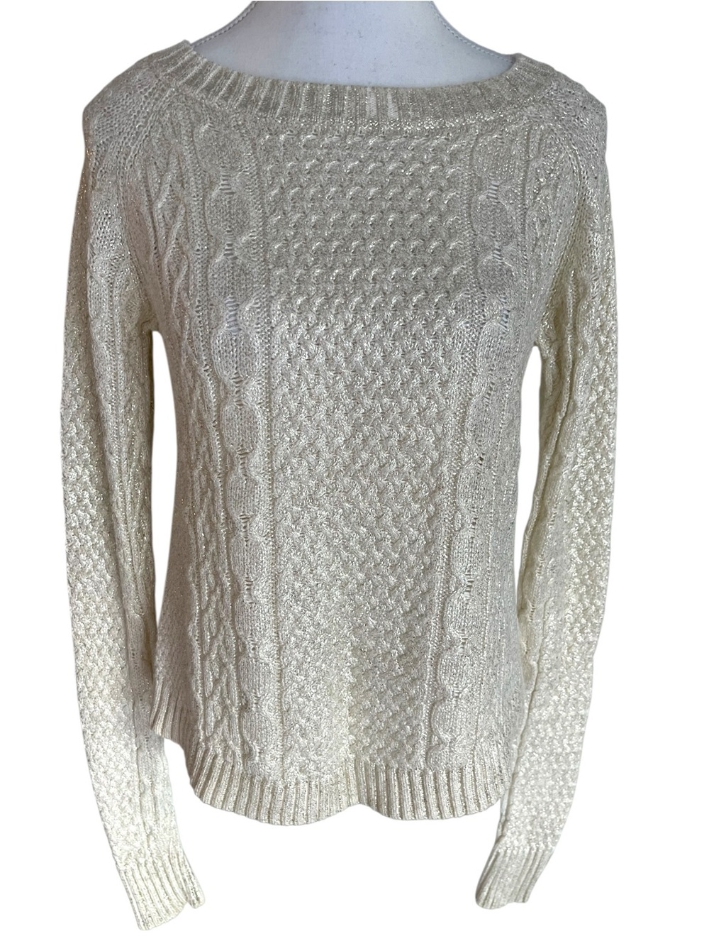 French Connection Ivory Metallic Cable Knit Round-neck Sweater Size XS